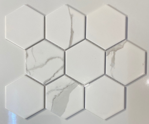 4 inch Hexagon - Silver - Marmo Carrara - Porcelain Mosaic Tile